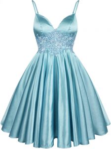 Best Aqua Blue Elastic Woven Satin Lace Up Spaghetti Straps Sleeveless Knee Length Bridesmaid Dress Lace
