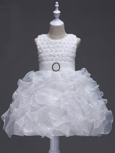 White Lace Up Flower Girl Dresses Ruffles and Belt Sleeveless Knee Length