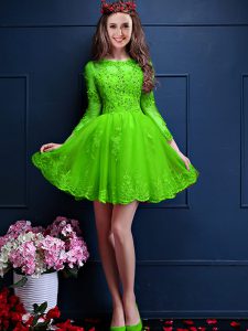 High End A-line Bridesmaid Dress Green Scalloped Chiffon 3 4 Length Sleeve Mini Length Lace Up