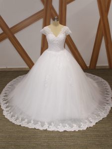 White Short Sleeves Chapel Train Beading and Lace and Appliques Bridal Gown