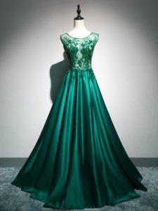 Brush Train A-line Prom Gown Dark Green Scoop Elastic Woven Satin Sleeveless Backless