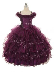 Burgundy Lace Up Off The Shoulder Ruffles and Ruffled Layers Child Pageant Dress Organza Sleeveless