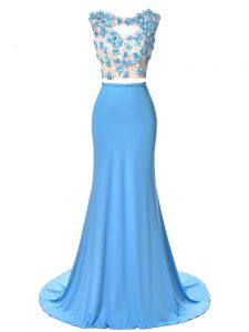 Brush Train Two Pieces Celebrity Evening Dresses Blue Scoop Chiffon Sleeveless Backless