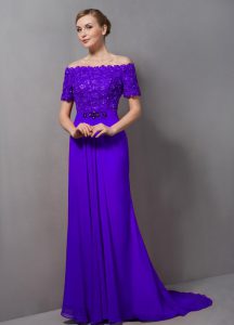 Purple Empire Chiffon Off The Shoulder Short Sleeves Lace Zipper Mother of the Bride Dress Sweep Train