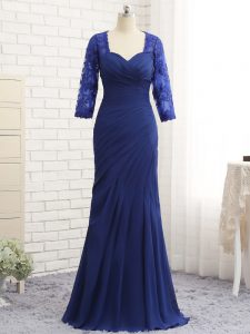 Best Selling Chiffon Sweetheart 3 4 Length Sleeve Zipper Beading and Lace and Appliques and Ruching Mother of Groom Dress in Blue