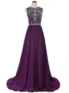 Admirable Purple Short Sleeves Brush Train Beading Prom Evening Gown