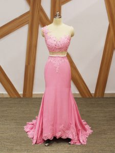 Top Selling Baby Pink Mermaid Scoop Sleeveless Elastic Woven Satin Brush Train Zipper Beading and Lace and Appliques Red Carpet Gowns