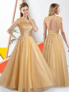 Superior Bateau Sleeveless Tulle Dama Dress for Quinceanera Beading and Lace Backless