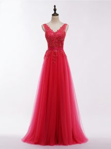 Vintage Coral Red Sleeveless Floor Length Lace and Appliques Backless Formal Evening Gowns