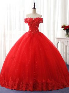 Best Ball Gowns 15th Birthday Dress Red Off The Shoulder Tulle Sleeveless Floor Length Lace Up