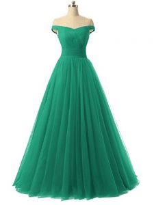 Fashion Green Tulle Lace Up Prom Dresses Sleeveless Floor Length Ruching