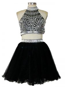 Glittering Black Dress for Prom Prom and Party and Beach with Beading Halter Top Sleeveless Criss Cross