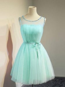 Customized Apple Green Lace Up Bridesmaid Gown Belt Sleeveless Knee Length