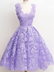 Fancy Lavender A-line Lace Straps Sleeveless Lace Knee Length Zipper Quinceanera Court of Honor Dress
