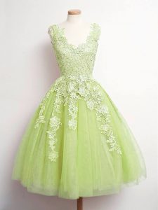 Yellow Green Sleeveless Tulle Lace Up Bridesmaids Dress for Prom and Party and Wedding Party