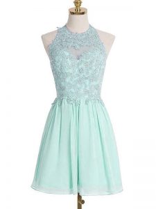 Sleeveless Chiffon Knee Length Lace Up Dama Dress in Apple Green with Appliques