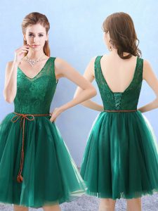 A-line Wedding Party Dress Green V-neck Tulle Sleeveless Knee Length Backless