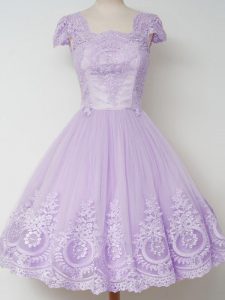 Smart Lace Wedding Guest Dresses Lavender Zipper Cap Sleeves Knee Length