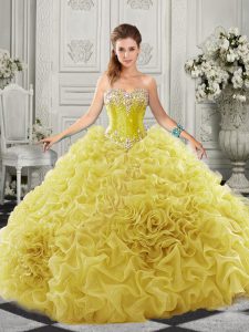 Sleeveless Beading and Ruffles Lace Up 15th Birthday Dress with Yellow Court Train