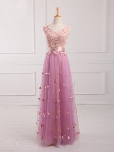 Edgy Sleeveless Floor Length Lace and Appliques Lace Up Court Dresses for Sweet 16 with Lilac