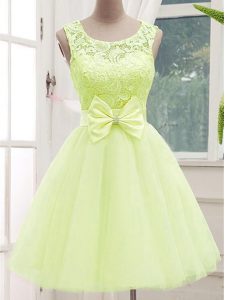 Yellow Green A-line Tulle Scoop Sleeveless Lace and Bowknot Knee Length Lace Up Bridesmaid Dresses