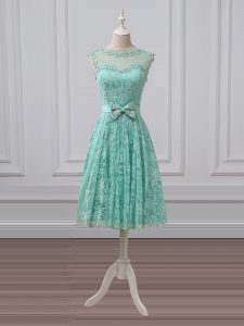 Apple Green Empire Scoop Sleeveless Lace Knee Length Lace Up Lace and Bowknot Bridesmaid Gown