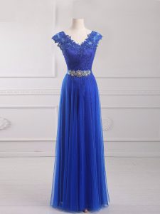Royal Blue Tulle Lace Up Prom Dresses Short Sleeves Floor Length Beading and Lace and Appliques and Belt