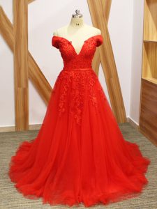 Fancy Coral Red Sleeveless Brush Train Lace and Appliques Evening Outfits