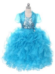 Modern Baby Blue Organza Lace Up Girls Pageant Dresses Sleeveless Floor Length Ruffles and Sequins and Bowknot