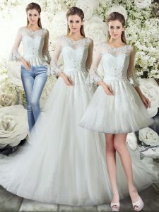 White Three Pieces V-neck 3 4 Length Sleeve Tulle Court Train Zipper Lace Bridal Gown