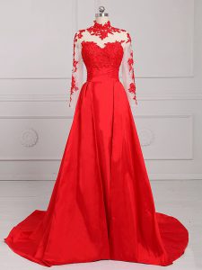 Brush Train A-line Going Out Dresses Red High-neck Satin Long Sleeves Backless