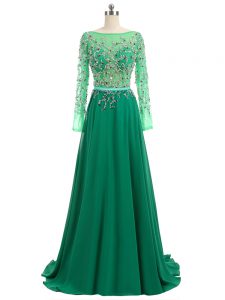 Perfect Brush Train Empire Pageant Dress for Girls Green Bateau Chiffon Long Sleeves Backless