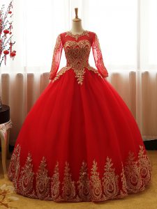 Red Long Sleeves Floor Length Appliques Lace Up 15 Quinceanera Dress