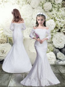 Perfect Floor Length Mermaid 3 4 Length Sleeve White Flower Girl Dresses for Less Lace Up