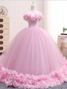 Glittering Baby Pink Lace Up Off The Shoulder Hand Made Flower 15th Birthday Dress Tulle Sleeveless Brush Train