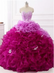 Perfect Sleeveless Brush Train Beading and Appliques and Ruffles Lace Up Quinceanera Dress
