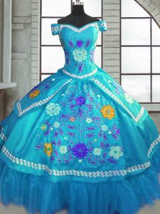 Taffeta Sweetheart Short Sleeves Lace Up Beading and Embroidery Quinceanera Dress in Teal