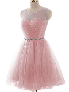 Smart Pink Tulle Lace Up Scoop Sleeveless Mini Length Dress for Prom Beading and Ruching