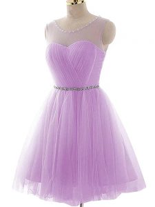 Tulle Scoop Sleeveless Lace Up Beading and Ruching Homecoming Dress in Lavender