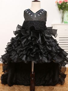 High Class V-neck Sleeveless Zipper Little Girl Pageant Gowns Black Organza