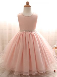 Ball Gowns Flower Girl Dresses Pink Scoop Organza Sleeveless Floor Length Lace Up