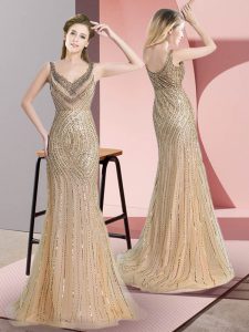 Artistic Sleeveless Beading and Sequins Zipper Evening Wear with Champagne Brush Train