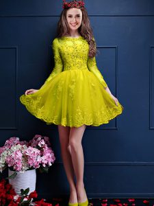 Yellow Scalloped Lace Up Beading and Lace and Appliques Quinceanera Dama Dress 3 4 Length Sleeve