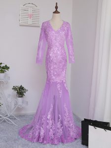 Extravagant Lilac Long Sleeves Tulle Brush Train Side Zipper Mother of Bride Dresses for Prom and Party and Beach