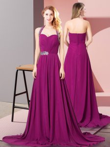 Gorgeous Fuchsia Prom Dress Halter Top Sleeveless Brush Train Zipper