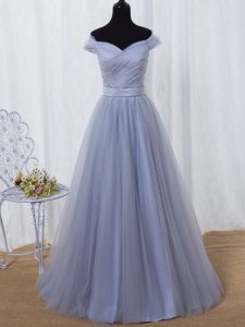 Traditional Lavender A-line Off The Shoulder Sleeveless Tulle Floor Length Lace Up Ruching and Belt Red Carpet Gowns