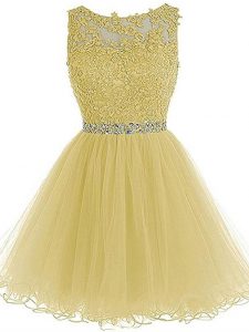 Light Yellow Sleeveless Beading and Lace and Appliques Mini Length Cocktail Dresses