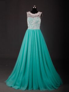 Deluxe Scoop Sleeveless Chiffon Prom Gown Lace and Embroidery Sweep Train Zipper