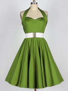 Halter Top Sleeveless Court Dresses for Sweet 16 Knee Length Belt Olive Green Taffeta