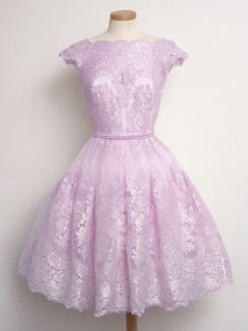 Knee Length Lace Up Dama Dress for Quinceanera Lilac for Prom and Party and Wedding Party with Lace
